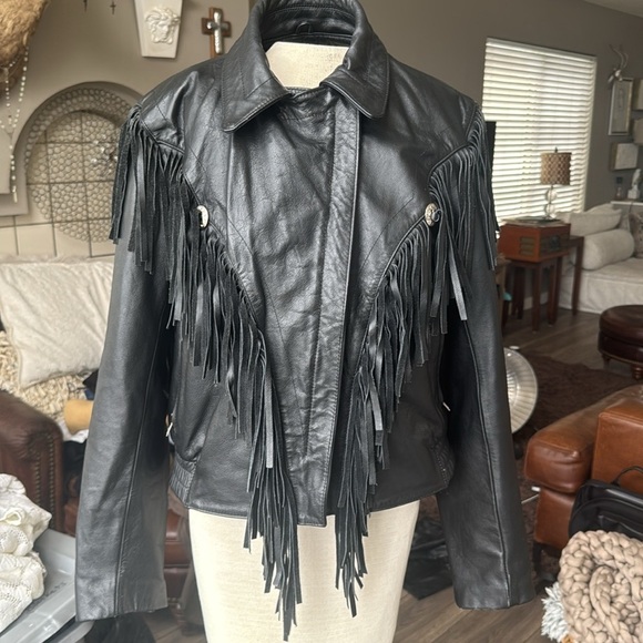 Open Road Black Leather Fringe Jacket size 8